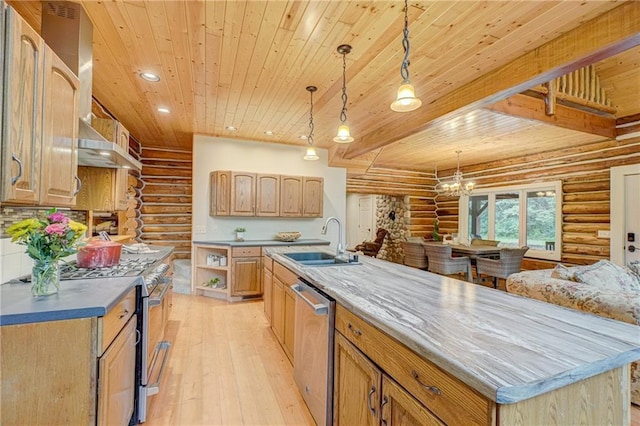 14097 W State Road 77, Hayward, WI 54843 - kitchen with rustic walls, appliances with stainless steel finishes, wood ceiling, light wood finished floors, and light brown cabinetry