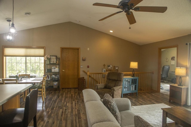 156 Pheasant Run Unit D-4, Johnson Creek, WI 53038 - living area with dark wood-style flooring, vaulted ceiling, a ceiling fan, and recessed lighting