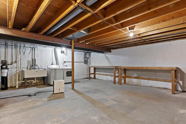 2332 Hughes Ln, Waukesha, WI 53188 - unfinished below grade area featuring separate washer and dryer, concrete block wall, and a water softener