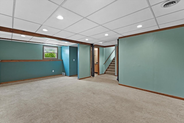 2332 Hughes Ln, Waukesha, WI 53188 - below grade area with carpet flooring, recessed lighting, stairway, and a drop ceiling