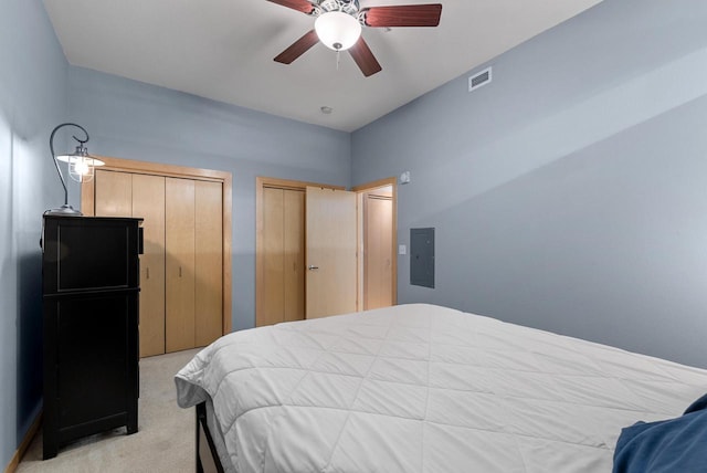 106 W Seeboth St Unit 702, Milwaukee, WI 53204 - bedroom featuring electric panel, carpet flooring, two closets, and ceiling fan
