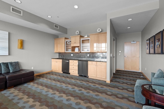 106 W Seeboth St Unit 702, Milwaukee, WI 53204 - kitchen with fridge, dark carpet, open floor plan, open shelves, and dark countertops