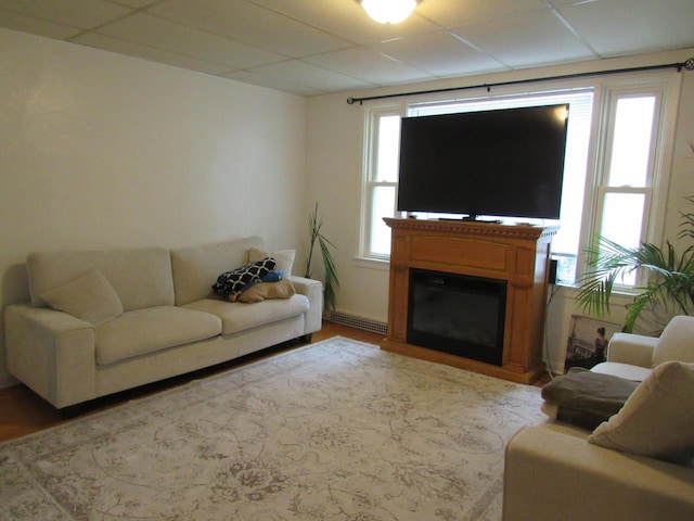 1326 N 11th St, Sheboygan, WI 53081 - living area with a drop ceiling, a glass covered fireplace, and wood finished floors