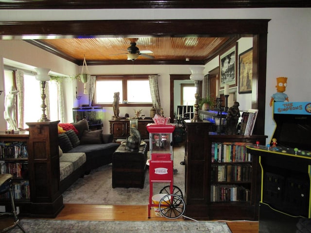 616 N 14th St, Sheboygan, WI 53081 - living room featuring ornamental molding, wood finished floors, ceiling fan, and wood ceiling