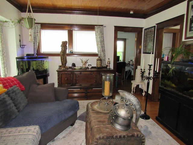 616 N 14th St, Sheboygan, WI 53081 - living area with wooden ceiling, wood finished floors, and crown molding