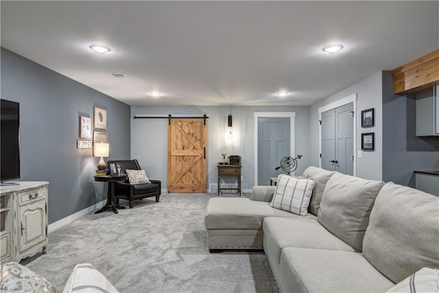 1040 Wissota Green Pkwy, Chippewa Falls, WI 54729 - living room with a barn door, light carpet, and recessed lighting