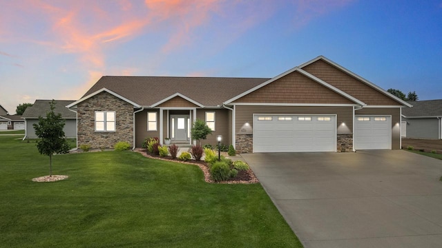 3830 Augusta Ct, Plover, WI 54467 - craftsman inspired home featuring stone siding, a garage, driveway, and a front lawn