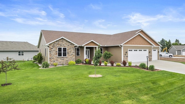 3830 Augusta Ct, Plover, WI 54467 - craftsman-style house with stone siding, driveway, a garage, and a front yard