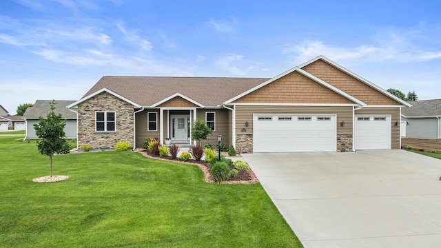 3830 Augusta Ct, Plover, WI 54467 - craftsman-style house featuring stone siding, an attached garage, concrete driveway, and a front yard