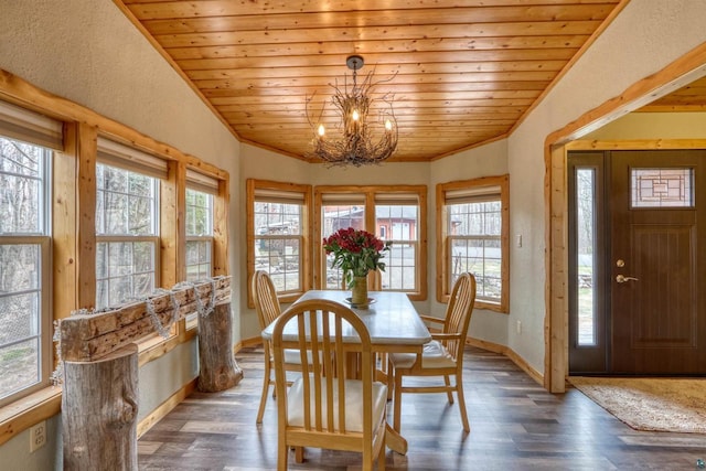 7760 N Thunder Point Rd, Hayward, WI 54843 - dining space with a chandelier, wood ceiling, wood finished floors, crown molding, and a textured wall