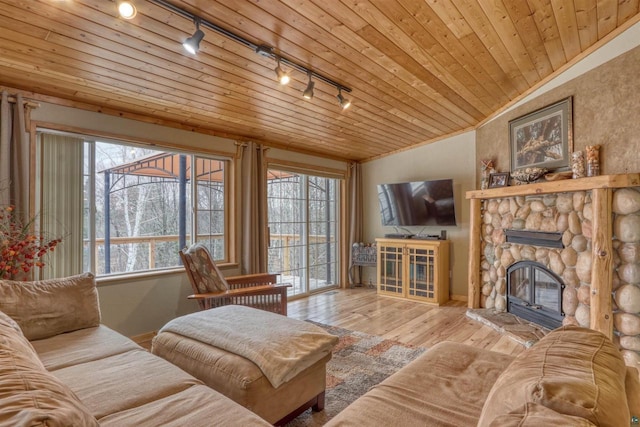 7760 N Thunder Point Rd, Hayward, WI 54843 - living area with rail lighting, wooden ceiling, plenty of natural light, wood-type flooring, and a fireplace