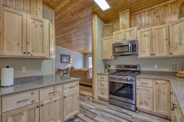 7760 N Thunder Point Rd, Hayward, WI 54843 - kitchen with appliances with stainless steel finishes, light brown cabinetry, wood ceiling, lofted ceiling, and light wood-type flooring