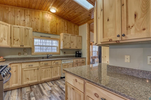 7760 N Thunder Point Rd, Hayward, WI 54843 - kitchen featuring light brown cabinets, vaulted ceiling, dishwashing machine, wood ceiling, and stainless steel gas range