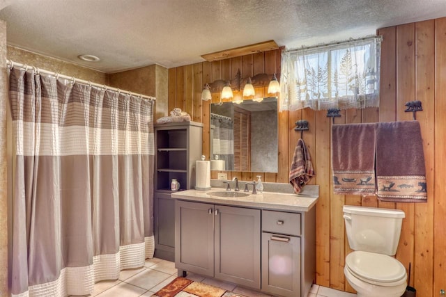 7760 N Thunder Point Rd, Hayward, WI 54843 - full bathroom featuring wood walls, a textured ceiling, vanity, tile patterned floors, and a shower with shower curtain