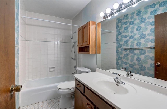 1702 Rae Ln, Madison, WI 53711 - bathroom featuring tile patterned floors, vanity, shower / bathtub combination, and wallpapered walls
