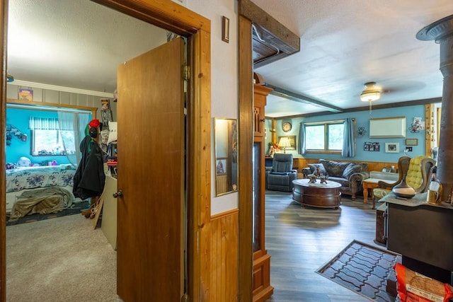 N8981 W Island Rd, Phillips, WI 54555 - hallway with ornamental molding, wood finished floors, and a textured ceiling