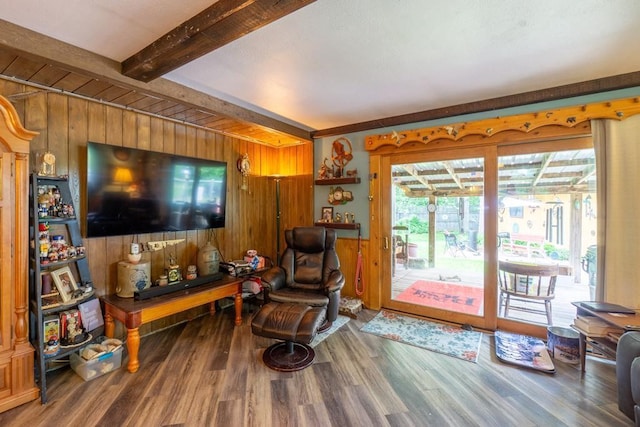 N8981 W Island Rd, Phillips, WI 54555 - living area with wooden walls, beam ceiling, and wood finished floors