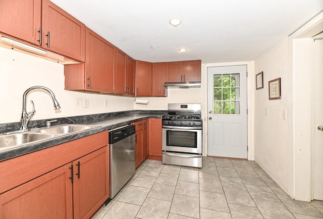 1721 Spring Pl, Racine, WI 53404 - kitchen featuring stainless steel appliances, under cabinet range hood, dark countertops, and brown cabinetry