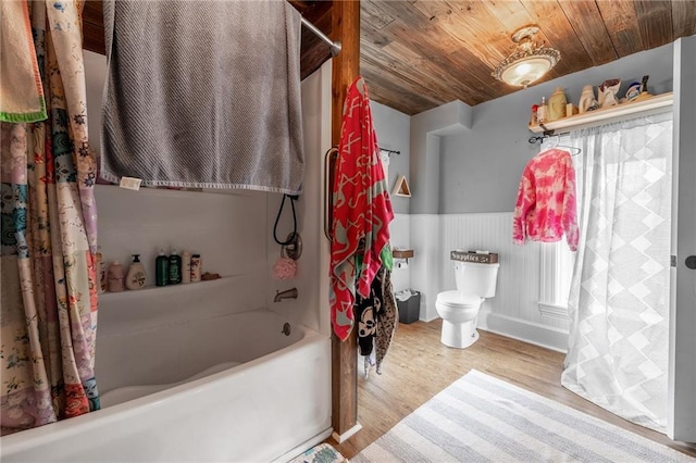 508 Evergreen St, Colfax, WI 54730 - full bath with wood finished floors, wood ceiling, shower / tub combo, and a wainscoted wall