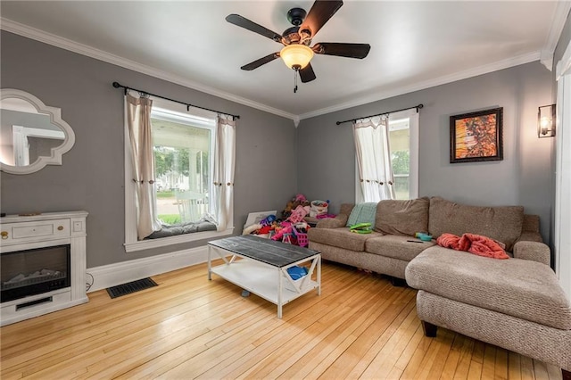 508 Evergreen St, Colfax, WI 54730 - living room with light wood-style floors, plenty of natural light, ceiling fan, and ornamental molding