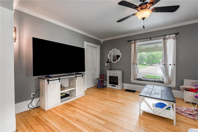 508 Evergreen St, Colfax, WI 54730 - living room with ornamental molding, light wood-style flooring, and ceiling fan
