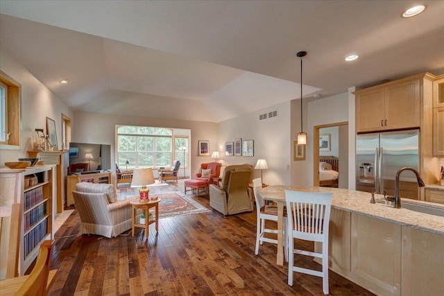 8201 Highview Dr, Madison, WI 53719 - living room with a raised ceiling, dark wood-type flooring, and recessed lighting
