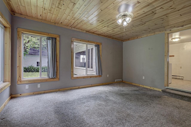 66 Torrey St, Clintonville, WI 54929 - carpeted empty room featuring wood ceiling and a baseboard radiator