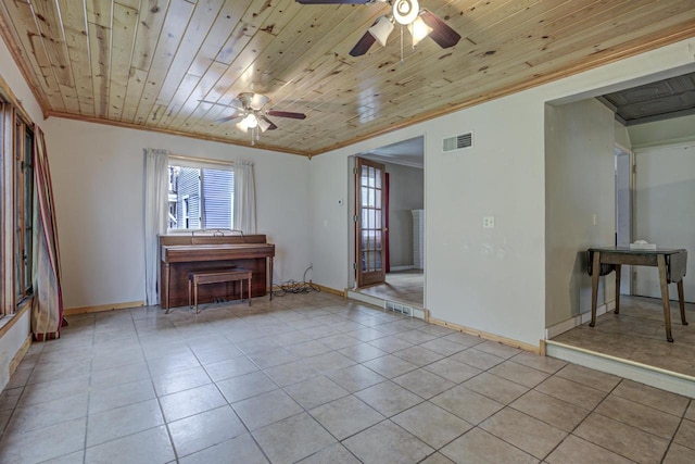 66 Torrey St, Clintonville, WI 54929 - unfurnished living room featuring ceiling fan, ornamental molding, light tile patterned floors, and wooden ceiling