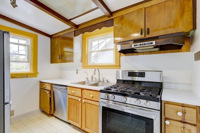518 Maple Ave, Madison, WI 53704 - kitchen with appliances with stainless steel finishes, under cabinet range hood, healthy amount of natural light, light countertops, and lofted ceiling