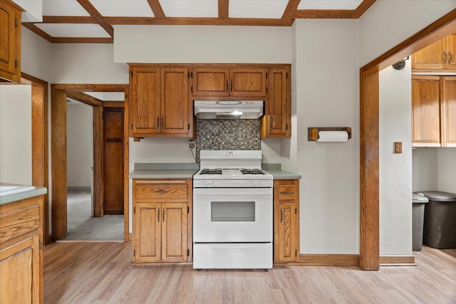 2140 N 64th St, Wauwatosa, WI 53213 - kitchen featuring white gas range oven, under cabinet range hood, light wood-style flooring, tasteful backsplash, and light countertops