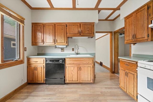 2140 N 64th St, Wauwatosa, WI 53213 - kitchen featuring black dishwasher, white range with gas cooktop, light wood-type flooring, light countertops, and brown cabinetry