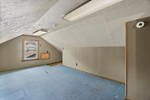 2140 N 64th St, Wauwatosa, WI 53213 - additional living space featuring a textured ceiling, vaulted ceiling, a baseboard radiator, carpet flooring, and wood walls