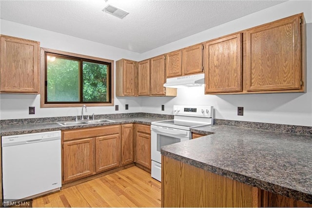 1754 Helena Rd, Oakdale, MN 55128 - kitchen with white appliances, under cabinet range hood, dark countertops, light wood-style floors, and a textured ceiling