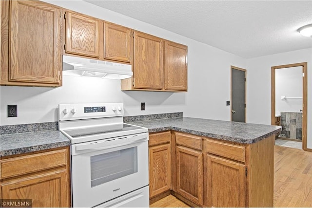 1754 Helena Rd, Oakdale, MN 55128 - kitchen featuring white range with electric cooktop, under cabinet range hood, a peninsula, light wood finished floors, and a textured ceiling