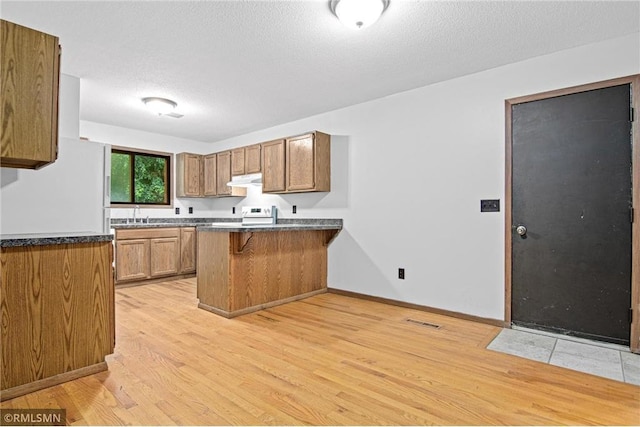 1754 Helena Rd, Oakdale, MN 55128 - kitchen with light wood-style flooring, a peninsula, a kitchen breakfast bar, under cabinet range hood, and brown cabinets