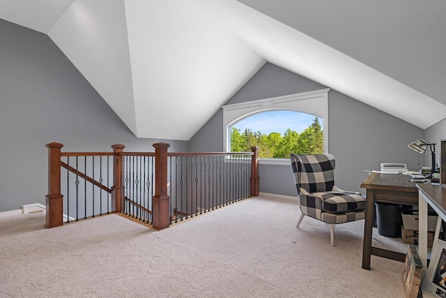 14595 Louis Corners Rd, Kiel, WI 53042 - carpeted home office featuring lofted ceiling