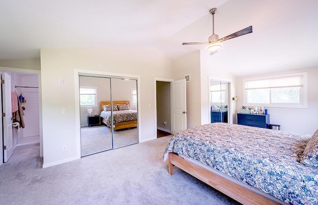 11812 Fox River Rd, Twin Lakes, WI 53181 - carpeted bedroom with multiple windows, lofted ceiling, and ceiling fan