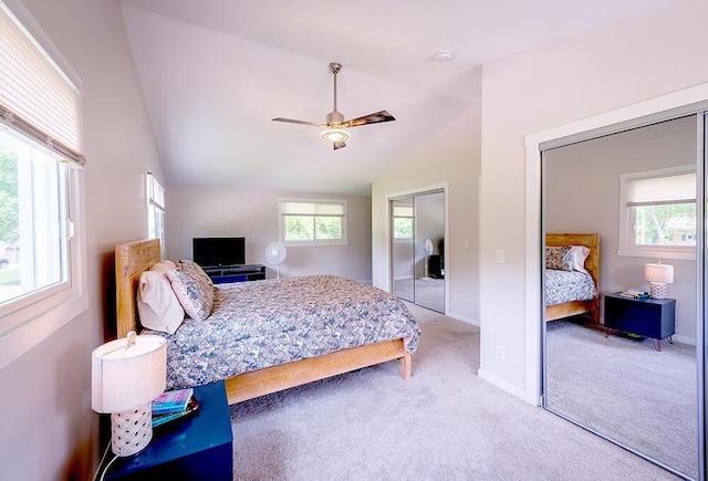 11812 Fox River Rd, Twin Lakes, WI 53181 - bedroom featuring carpet, lofted ceiling, a ceiling fan, and a closet