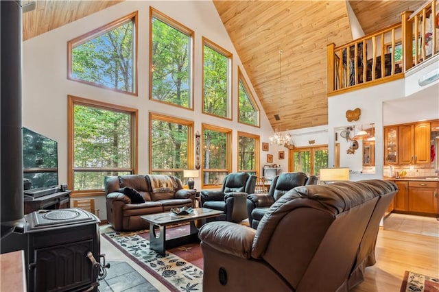 9926 W Birch Circle Dr, Ladysmith, WI 54848 - living area featuring wooden ceiling, high vaulted ceiling, a chandelier, and healthy amount of natural light