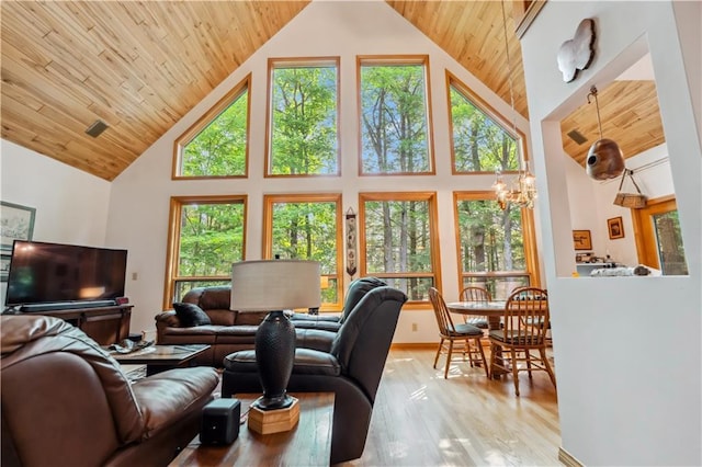 9926 W Birch Circle Dr, Ladysmith, WI 54848 - living area featuring wooden ceiling, high vaulted ceiling, wood finished floors, and a chandelier