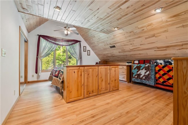 9926 W Birch Circle Dr, Ladysmith, WI 54848 - additional living space featuring wood ceiling, vaulted ceiling, light wood-style flooring, and ceiling fan