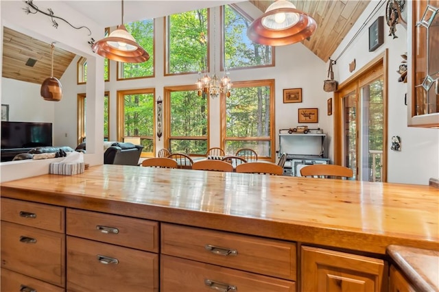 9926 W Birch Circle Dr, Ladysmith, WI 54848 - kitchen featuring butcher block counters, healthy amount of natural light, wooden ceiling, open floor plan, and high vaulted ceiling