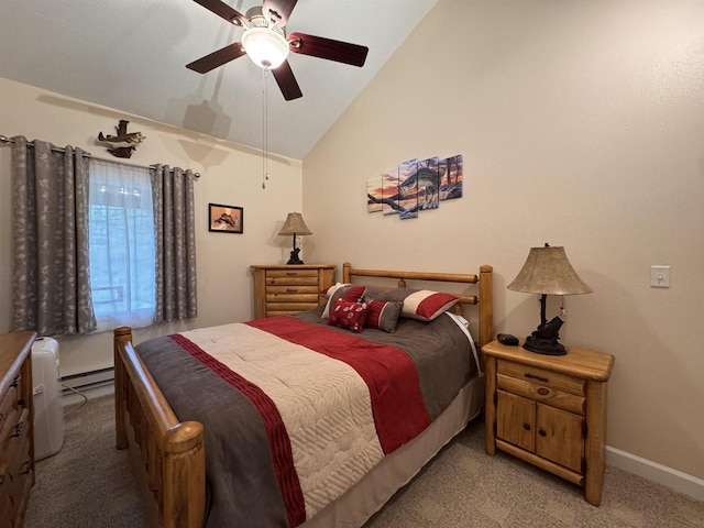 8 Balsam Trl, Wisconsin Dells, WI 53965 - bedroom featuring light carpet, vaulted ceiling, a ceiling fan, and a baseboard heating unit