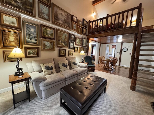 8 Balsam Trl, Wisconsin Dells, WI 53965 - living room with carpet flooring, stairs, and a high ceiling