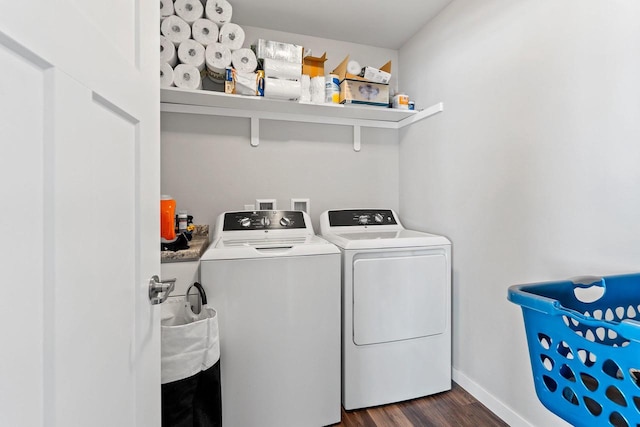 400 Tristan Dr, Shawano, WI 54166 - laundry room with washing machine and dryer and dark wood-type flooring