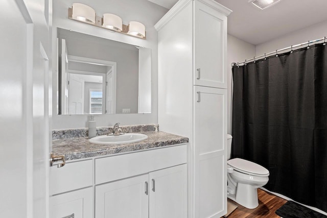 400 Tristan Dr, Shawano, WI 54166 - bathroom with vanity, wood finished floors, and curtained shower