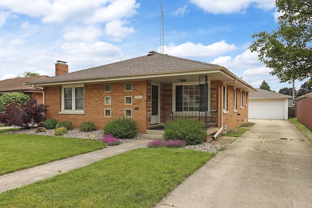 7631 38th Ave, Kenosha, WI 53142 - ranch-style house featuring brick siding, an outbuilding, a front yard, a detached garage, and a chimney