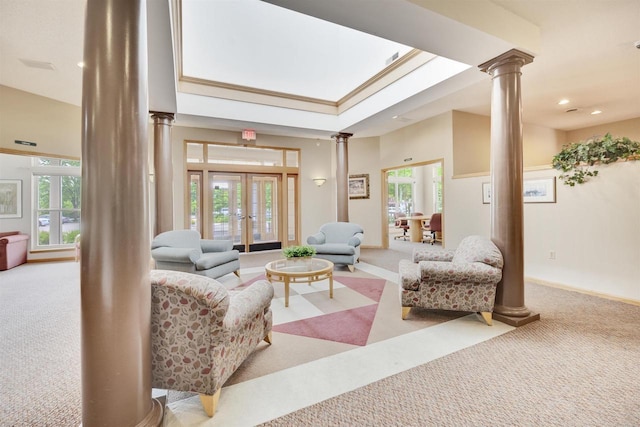 8530 Greenway Blvd Unit 104, Middleton, WI 53562 - living room featuring ornate columns, carpet floors, recessed lighting, and french doors