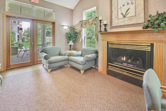 8530 Greenway Blvd Unit 104, Middleton, WI 53562 - living area with lofted ceiling, french doors, and a glass covered fireplace