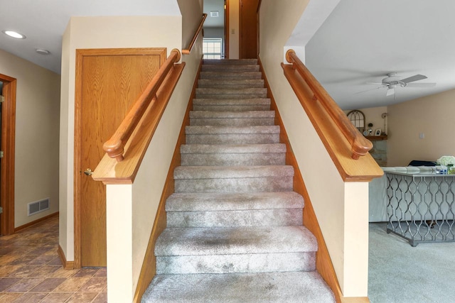 4140 W Lakeview Dr, Franklin, WI 53132 - stairway featuring ceiling fan, recessed lighting, and carpet flooring